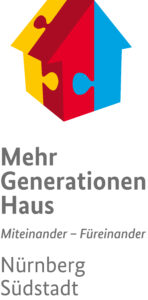 Das Logo des Mehr Generationen Hauses in Nürnberg. Man sieht ein buntes Haus aus den drei Farben gelb, rot und blau