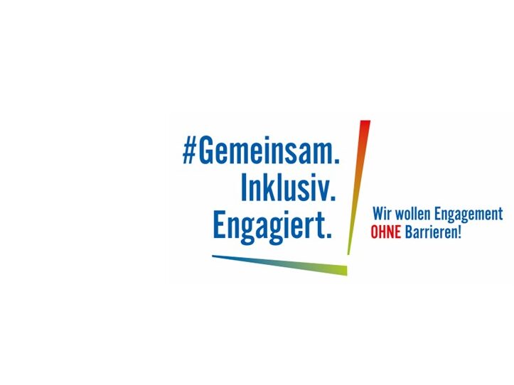 Logo. Blaue Schrift auf weißem Hintergrund: #Gemeinsam. Inklusiv. Engagiert.