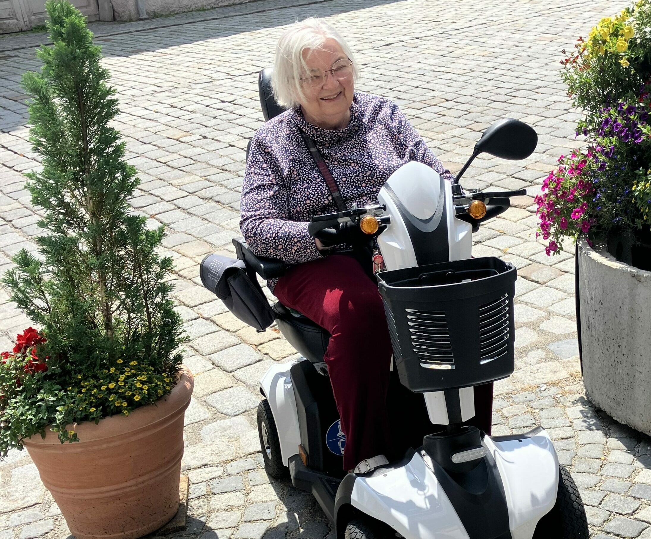 Seniorin auf Elektromobil zwischen zwei großen Blumentöpfen als Barrieren